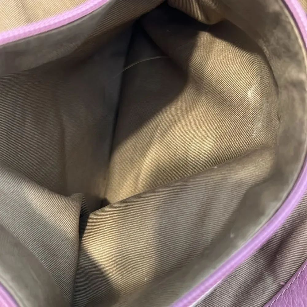 Levenger Leather Handbag Satchel Lavender With White Piping Clean Inside Euc — image 4 of 8